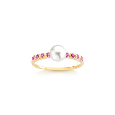 Anel com Zircônia Rosa e Pérola em Prata 925 com Banho de Ouro Amarelo 18k