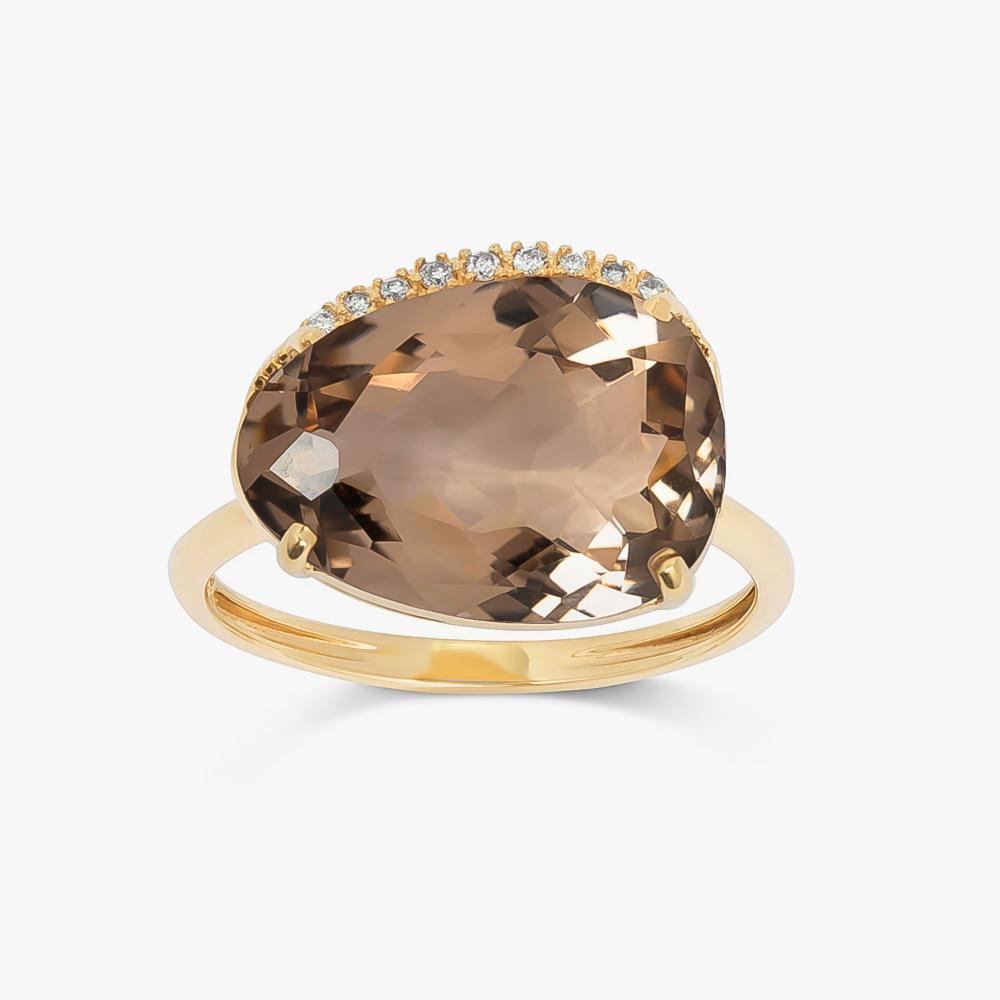 Anel com Quartzo Fumê e Diamantes em Ouro Amarelo 18k - 9