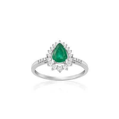 Anel em Gota com Esmeralda e Diamantes em Ouro Branco 18k