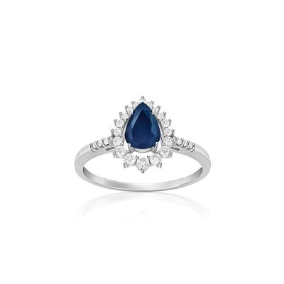 Anel em Gota com Safira e Diamantes em Ouro Branco 18k