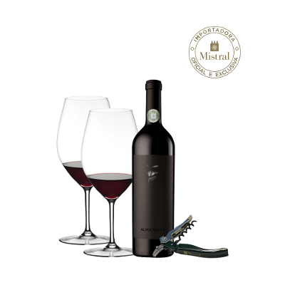 Kit Alma Negra + Taças Riedel Ouverture Double Magnum e Saca Rolhas