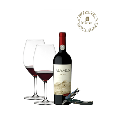 Kit Alamos Malbec + Taças Riedel Ouverture Double Magnum e Saca Rolhas