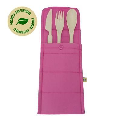 Conjunto de 3 talheres Bege com Porta Talher Tecido Rosa