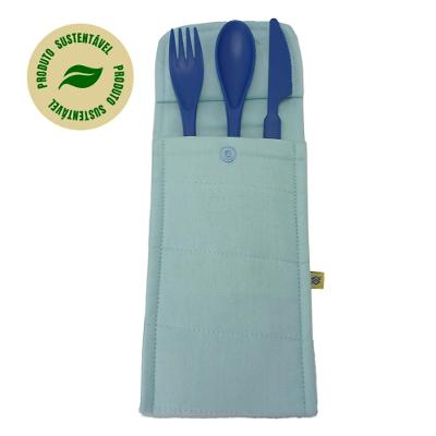 Conjunto de 3 Talheres Azul com Porta Talher Tecido Azul Claro