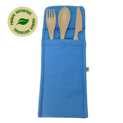Conjunto de 3 Talheres Bege com Porta Talher Tecido Azul