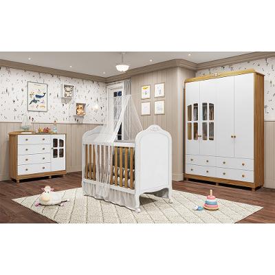 Quarto de Bebê Completo Berço Mini Cama Capitonê Guarda Roupa e Cômoda Janela Elô New Móveis Peroba