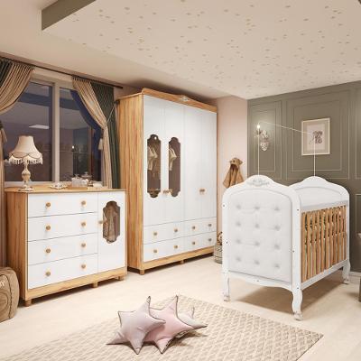 Quarto de Bebê Completo com Berço Mini Cama com capitonê Guarda Roupa e Cômoda 100 MDF Elô New Noah Móveis Peroba