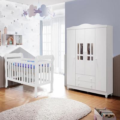 Quarto de Bebê Berço Mini Cama e  Guarda-Roupa 4 Portas Lila Carolina Baby