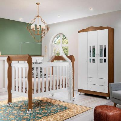Quarto de Bebê Berço Mini Cama e  Guarda-Roupa 3 Portas Lila Carolina Baby