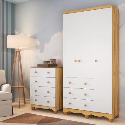 Quarto Infantil com Guarda Roupa Junior New 3 Portas 3 Gavetas e Cômoda 4 Gavetas Junior New MDF Móveis Peroba