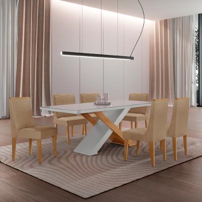 Conjunto Sala de Jantar Mesa 180cm com Vidro Imperatriz 6 Cadeiras Dakota em MDF Rufato