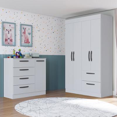 Quarto Infantil Guarda Roupa 4 Portas 2 Gavetas e Cômoda 4 Gavetas 1 Porta Loly Poquema