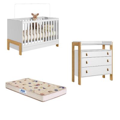 Quarto de Bebê Berço mini cama  Cômoda 3 Gavetas Fantasia Qmovi e Colchão Gazin