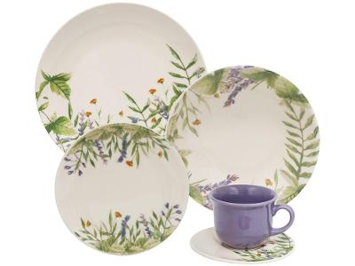 Aparelho de Jantar e Chá 20 Peças Oxford de Cerâmica Branco Verde e Lavanda Redondo Unni