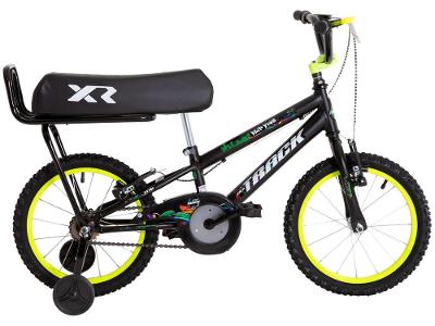 Bicicleta Infantil Aro 16" TK3 Track Flip Fire Preta e Amarela com Banco de Mobilete e Rodinhas Freio V-Brake