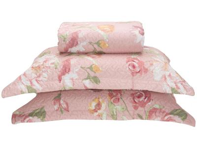 Colcha Queen Bett Design Microfibra Romantic Flowers Rosa 3 Peças