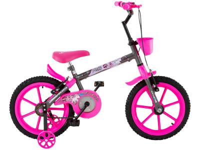 Bicicleta Infantil Aro 16" TK3 Track Pinky Grafite e Rosa com Rodinhas Freio V-Brake