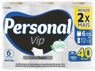 Papel Higiênico Folha Dupla Personal Vip 6 Rolos 40m