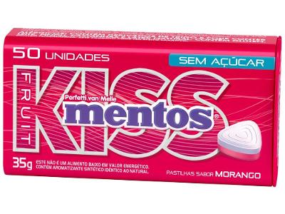 Bala Mentos Pastilhas Kiss Fruit Morango sem Açúcar 35g Lata com 50 Unidades