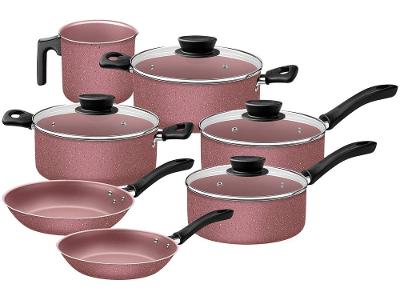 Jogo de Panelas Tramontina de Alumínio Rosa 7 Peças Linz