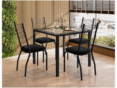 Mesa de Jantar 4 Cadeiras Quadrada Preta Tampo de Vidro Artefamol Florença