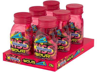Bala Mentos Kiss Sour Morango sem Açúcar 38,5g Display com 6 Potes