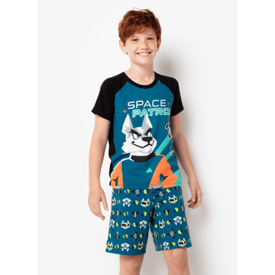 Pijama Manga Curta Menino Viscolycra Lobo Space Brilha no Escuro