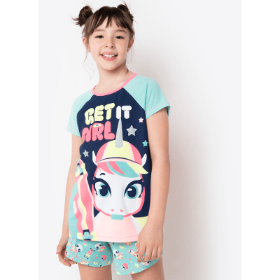 Pijama Manga Curta Menina Viscolycra Unicórnio Skate