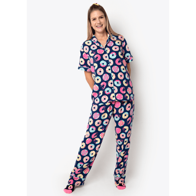 Pijama Longo Manga Curta Viscose Feminino Panda Donuts