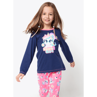 Pijama Manga Longa Algodão Menina Unicórnio Kawaii