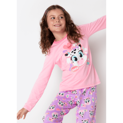 Pijama Manga Longa Algodão Menina Teen Vaca Patches