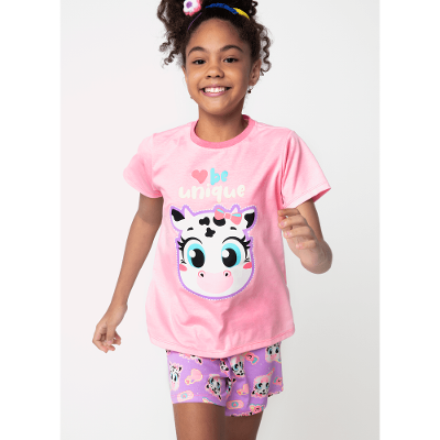 Pijama Manga Curta Algodão Menina Teen Vaca Patches