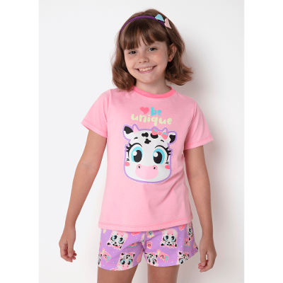 Pijama Manga Curta Algodão Menina Vaca Patches