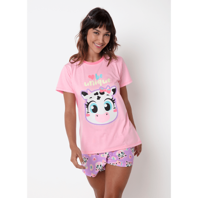 Pijama Manga Curta Algodão Feminino Vaca Patches