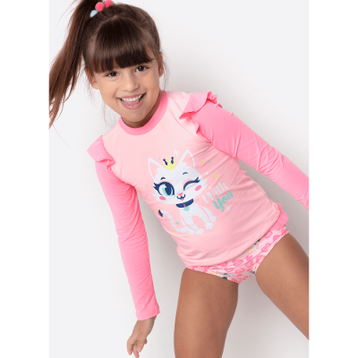Conjunto Camiseta e Calcinha Com Proteção Solar Menina Gata Romântica