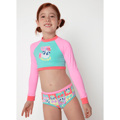 Conjunto Cropped e Calcinha Menina Com Proteção Solar Unicórnio Cherry