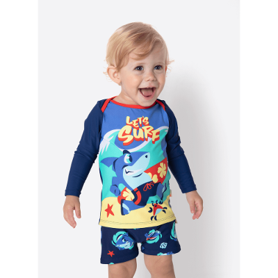 Camiseta Manga Longa Bebê Menino Tubarão Aloha