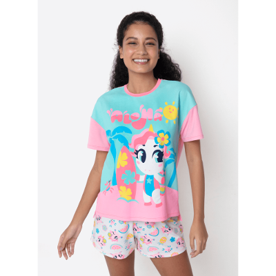 Pijama Manga Curta Viscolycra Feminino Unicórnio Aloha