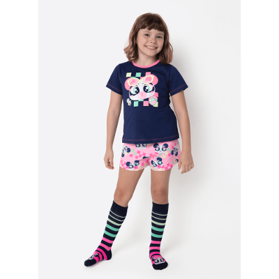 Pijama Manga Curta Algodão Menina Panda Miami