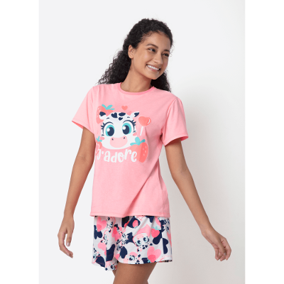 Pijama Manga Curta Algodão Feminino Vaca Romântica