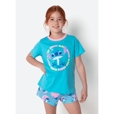 Pijama Manga Curta Algodão Menina Stitch