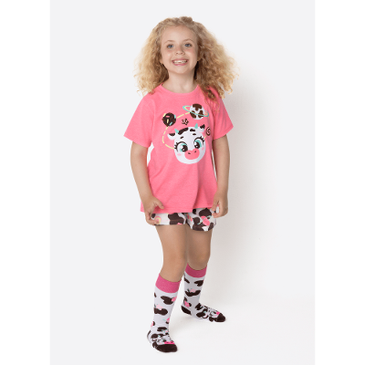 Pijama Manga Curta Algodão Menina Vaca Chocolate