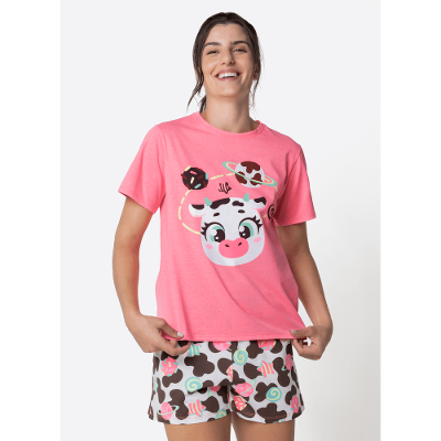 Pijama Manga Curta Algodão Feminino Vaca Chocolate