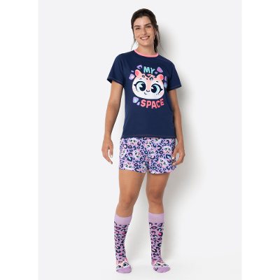 Pijama Manga Curta Algodão Feminino Onça