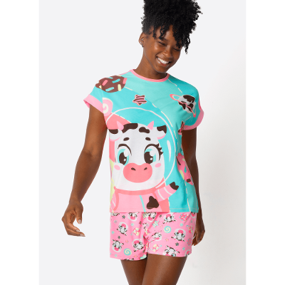 Pijama Manga Curta Viscolycra Feminino Vaca Chocolate