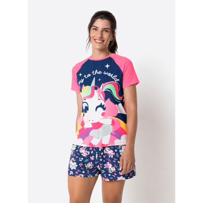 Pijama Manga Curta Feminino Estampado Unicórnio Encantado