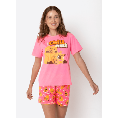 Pijama Manga Curta Algodão Feminino Capivara Vibes