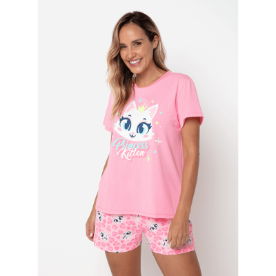 Pijama Manga Curta Algodão Feminino Gata Romântica