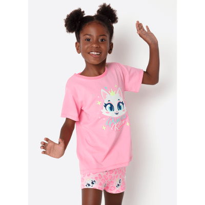 Pijama Manga Curta Algodão Menina Gata Romântica
