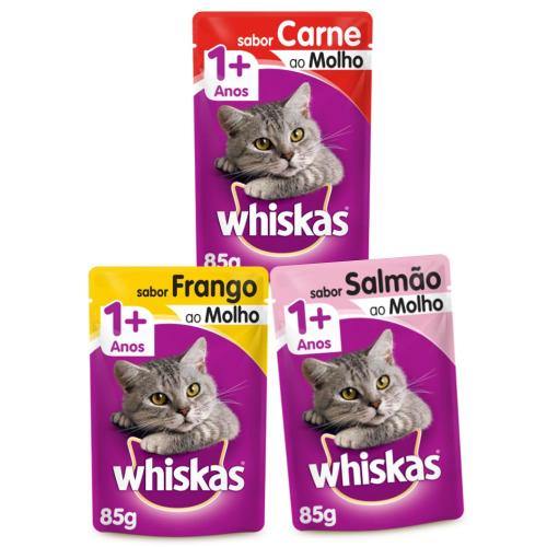 Kit Whiskas Sachê Gatos Adultos  Carne + Frango + Salmão - 40 Unidades